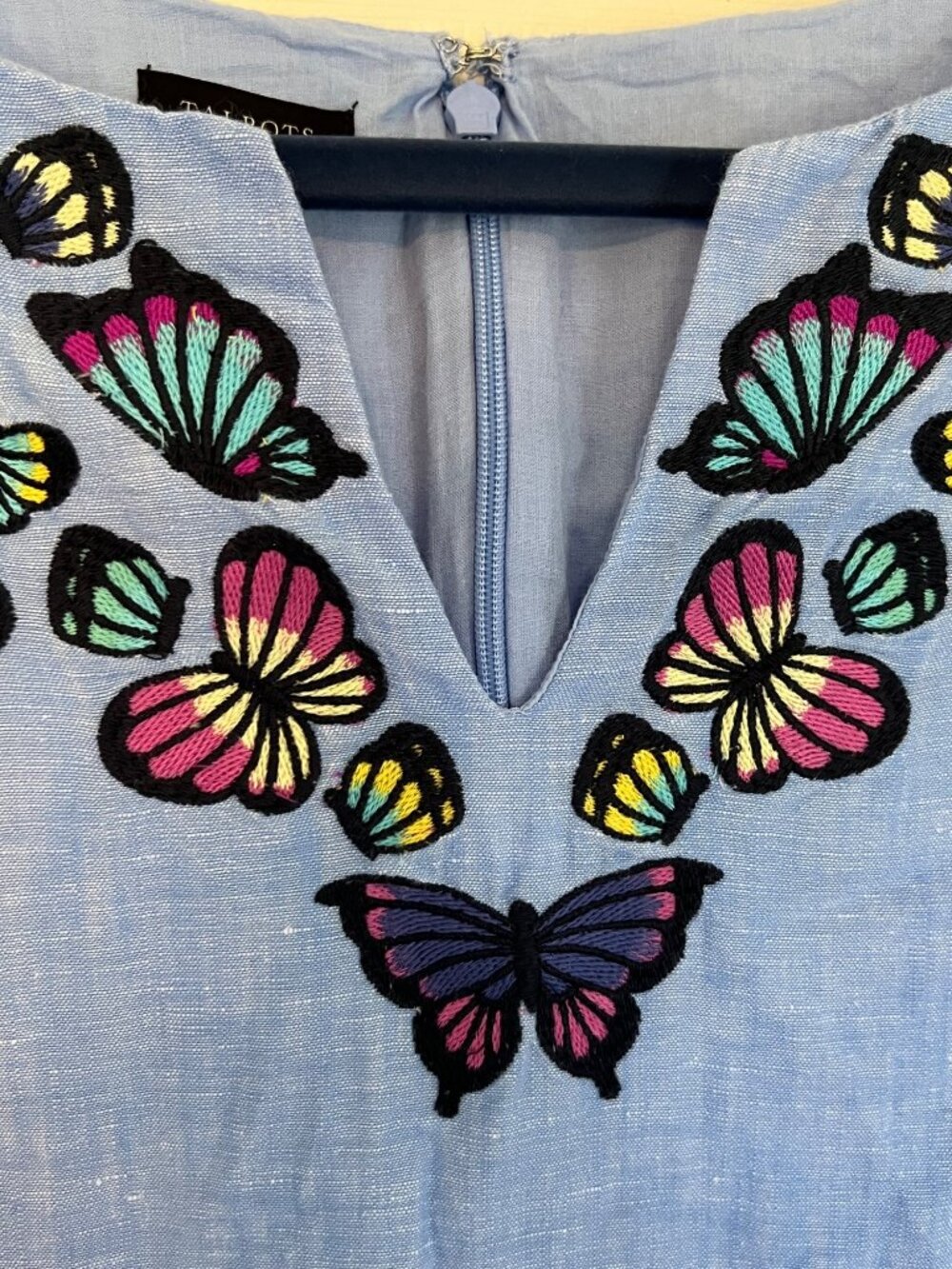 Talbots Embroidered Embroidered Butterfly Linen Shift Dress Blue Knee Length 12 - Picture 4 of 11